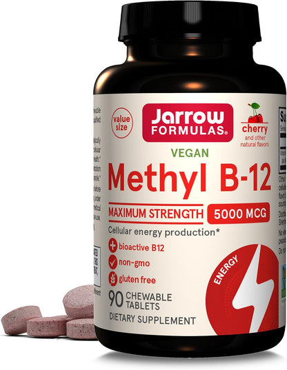 Jarrow Formulae Vitamin B12 5000 mcg – Maximum Strength for Energy & Nervous System Support, 90 Cherry Chewable Tablets