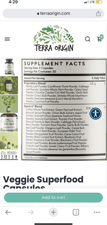 TERRA ORIGIN Veggie Superfood Supplement - 90 Veggie Capsules - Natural Antioxidant for Adults