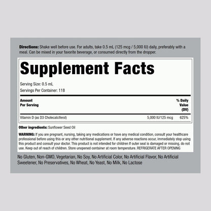 Vitamin D3 Liquid 5000 IU - Non-GMO, Gluten-free Liquid Drops by Piping Rock