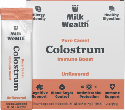 Milk Wealth™ Freeze-Dried Bovine Colostrum Powder – Immune & Gut Health Support, Grass-Fed, Unflavoured (25 Single-Serve Packets)
