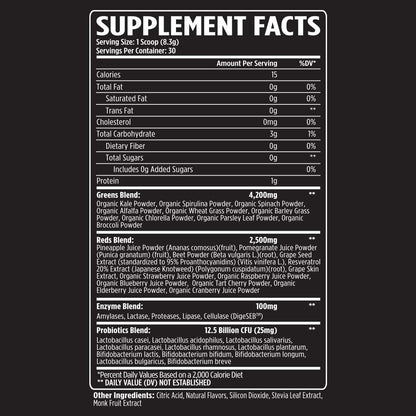 VMI Sports Greens + Reds Advanced Superfood - Immunity & Gut Health with Enzymes & Probiotics, 30 Servings (Raspberry Lemonade)