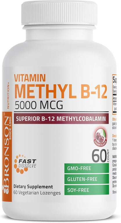 Bronson Methyl B12 5000 mcg Vitamin B12 Methylcobalamin Energy & Brain Support 60 Lozenges