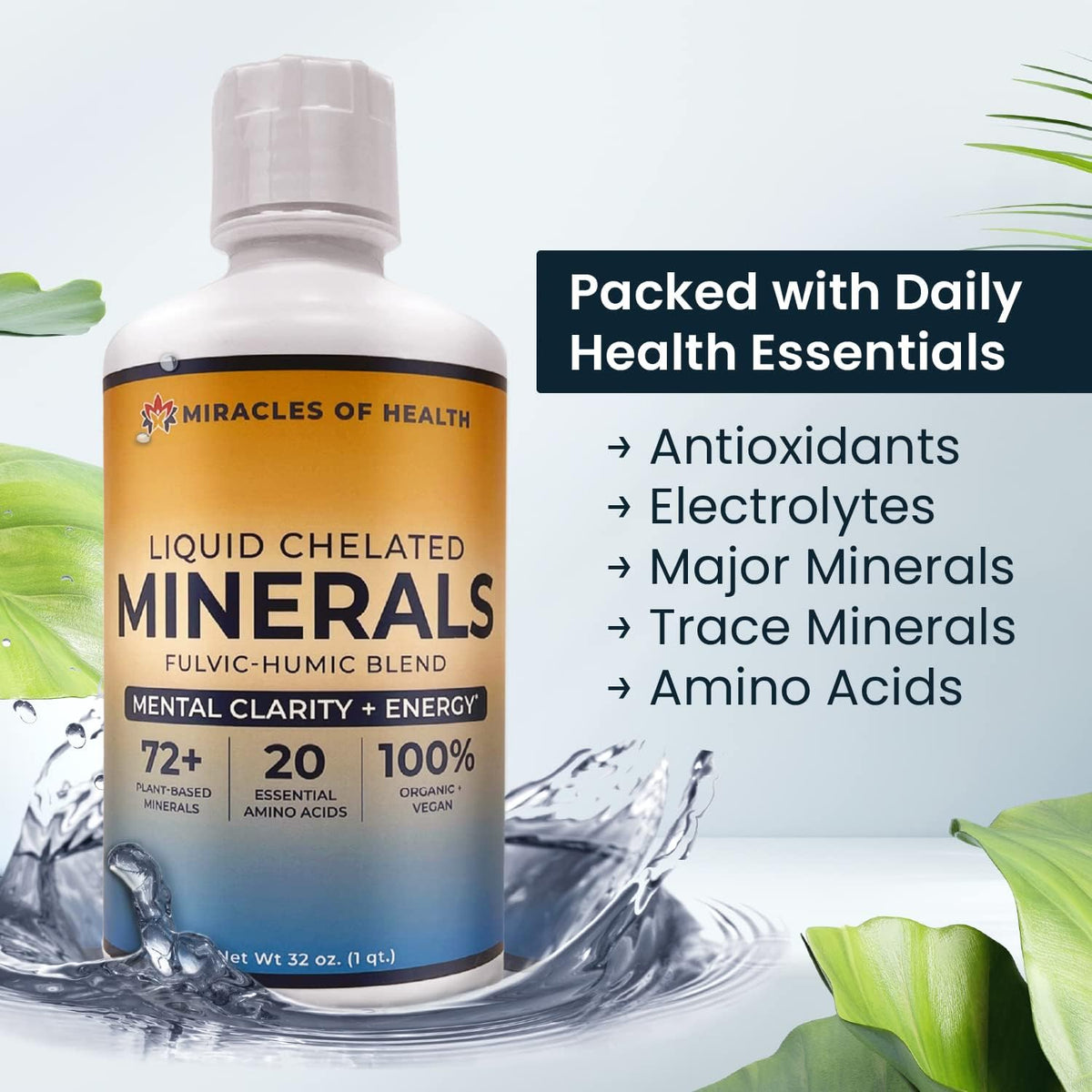 Miracles of Health Liquid Chelated Minerals - Organic Humic Fulvic Mineral Blend - 72+ Plant-Based Minerals - 20 Essential Amino Acids - 100% Natural - 1 Month Supply, 946 ml - görsel 3