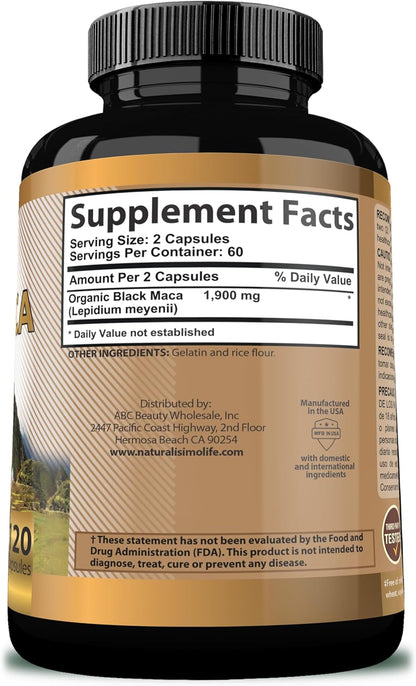Organic Black Maca 1,900 mg per Serving – Natural Energy Support, Peruvian Maca for Men & Women, 120 Capsules