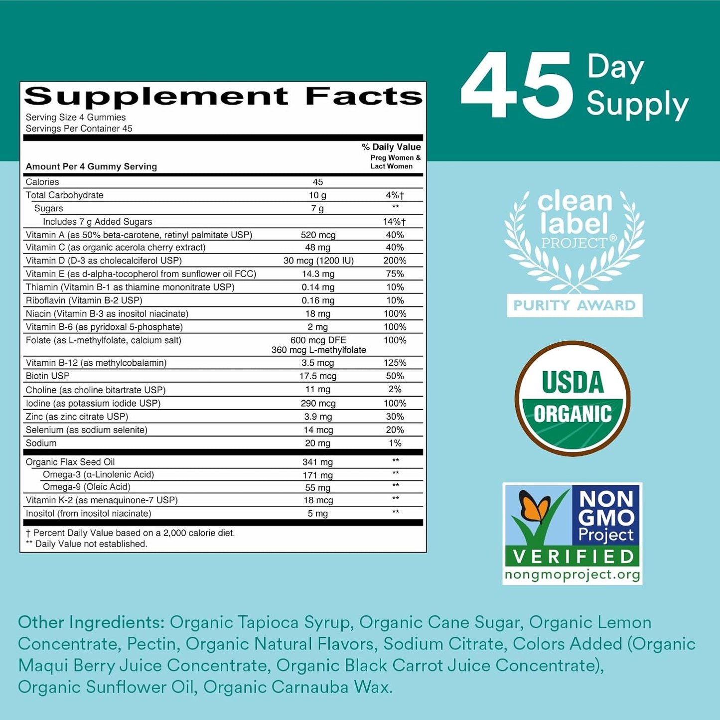 SmartyPants Organic Prenatal Vitamins for Women, Multivitamin Gummies with Methylfolate, Omega-3, Vitamin D3, K2, Choline, 180 Count - görsel 2