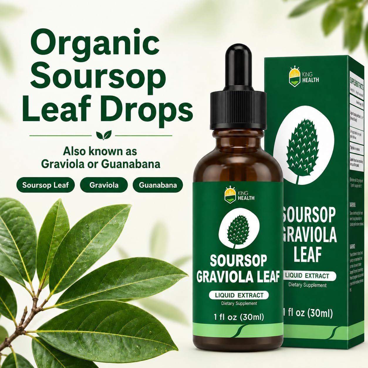 KingHealth Organic Soursop Graviola Leaf Extract Liquid Drops - Pure Herbal Supplement, 30 ml - görsel 2