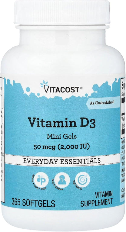 Vitacost Vitamin D3 (as Cholecalciferol) - 2000 IU - 365 Soft gel capsule Mini Gels (Pack of 2)