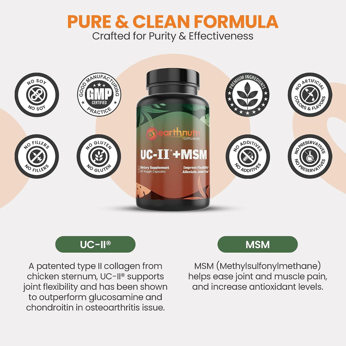 EarthNutri UC-II Collagen & MSM Food Supplement for Joint Health and Flexibility - 60 Capsules - görsel 3
