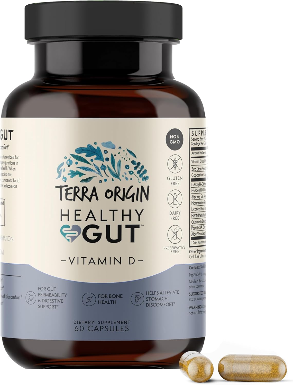 TERRA ORIGIN Healthy Gut with Vitamin D 5000 IU - 60 Capsules | Gut Health Supplement for Men and Women - görsel 1