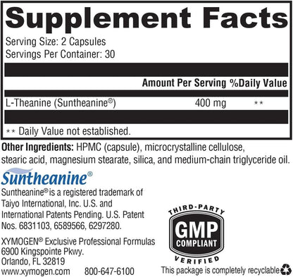 XYMOGEN L-Theanine – 400 mg as Suntheanine – Relaxation, Focus & Stress Support – Amino Acid Supplement – Non-Drowsy – Vegetarian, Non-GMO & Gluten-Free – 60 Capsules