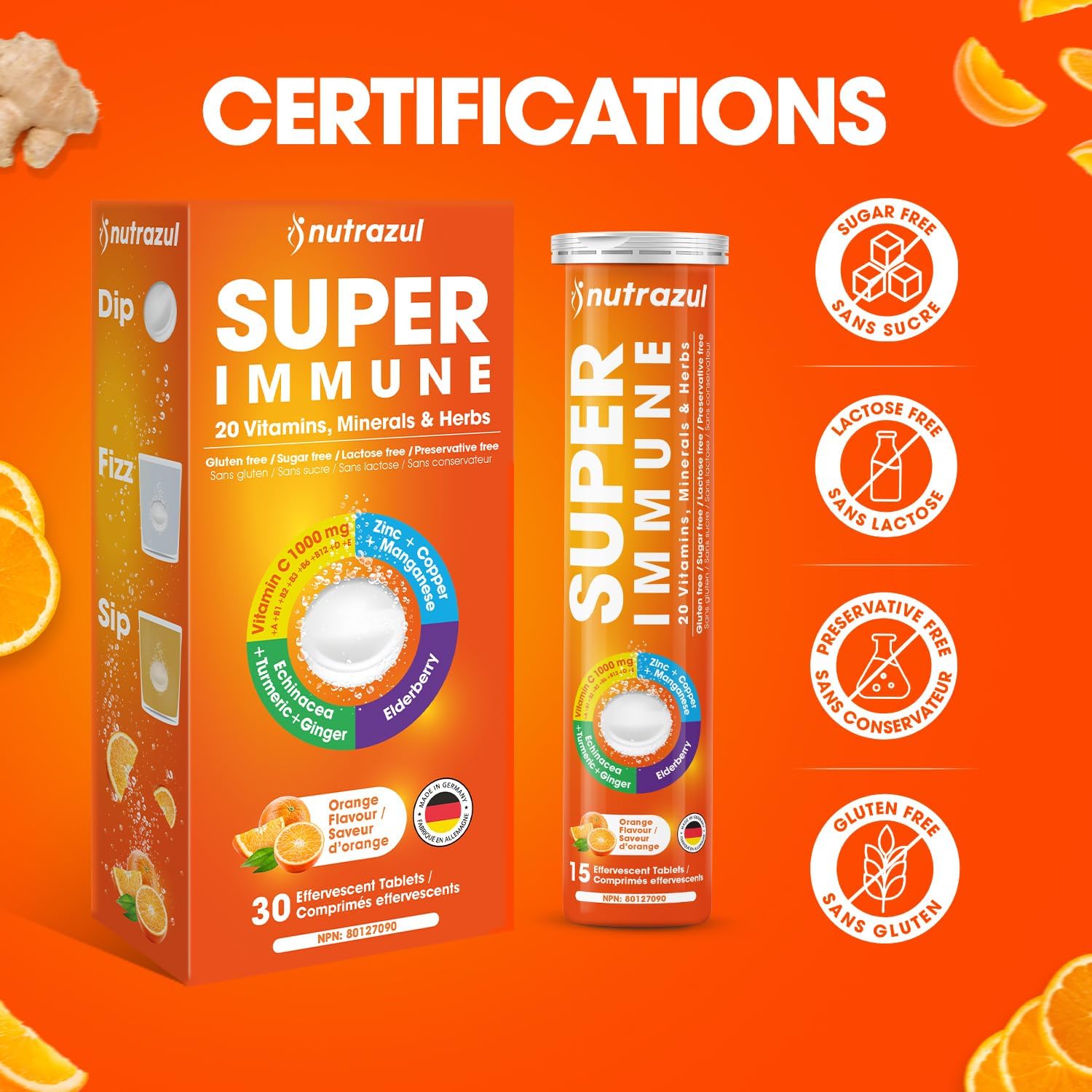 nutrazul Super Immune 30 Effervescent Tablets, 20 Vitamins & Minerals, Herbal Extracts to Support Daily Routine, Vitamin C, Zinc, Elderberry & Echinacea, Gluten-free, Sugar-Free, Orange Flavour - görsel 5