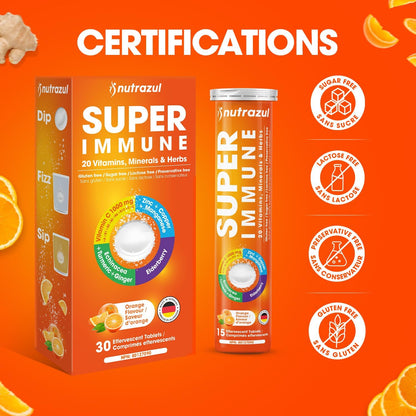nutrazul Super Immune 30 Effervescent Tablets, 20 Vitamins & Minerals, Herbal Extracts to Support Daily Routine, Vitamin C, Zinc, Elderberry & Echinacea, Gluten-free, Sugar-Free, Orange Flavour
