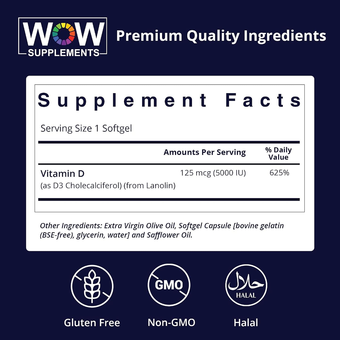 Vitamin D3 5000 IU Soft gel capsules - 125 mcg - Non-GMO, Gluten-free - 120 Count - görsel 2