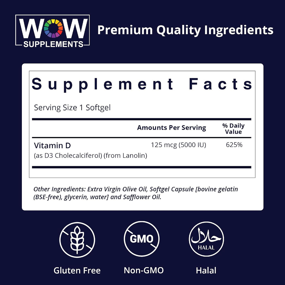 Vitamin D3 5000 IU Soft gel capsules - 125 mcg - Non-GMO, Gluten-free - 120 Count - görsel 2