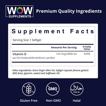 Vitamin D3 5000 IU Soft gel capsules - 125 mcg - Non-GMO, Gluten-free - 120 Count