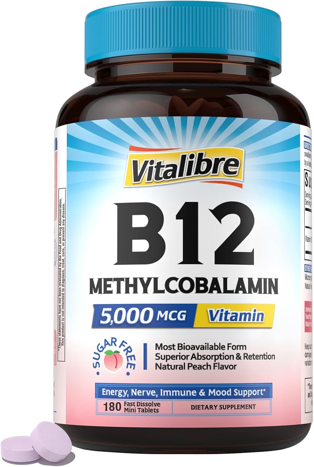 Vitalibre Vitamin B12 5000 mcg Sublingual Methylcobalamin - Fast Dissolve, Vegan, Natural Peach Flavour, 180 Tablets - görsel 1