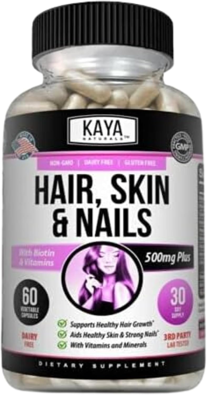 Kaya Naturals Hair, Skin & Nail Capsules – Biotin, Vitamin D, B12, A, Folic Acid Food Supplement – Image 1