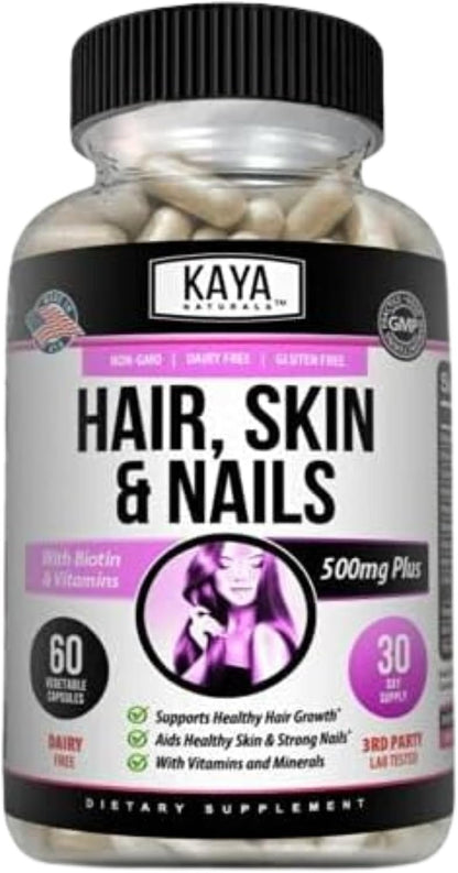 Kaya Naturals Hair, Skin & Nail Capsules – Biotin, Vitamin D, B12, A, Folic Acid Food Supplement – Image 1