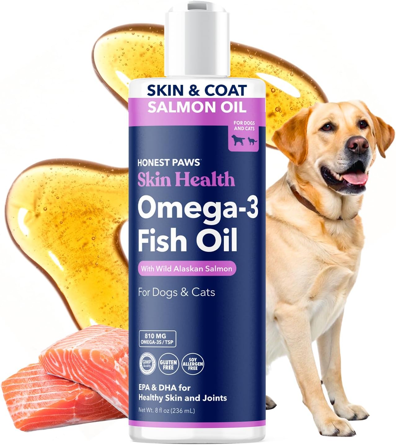 Salmon Oil for Dogs and Cats – Omega-3 Fish Oil Supplement for Skin, Coat, Joint and Heart Health – Natural, Sustainably Sourced Wild Alaskan Salmon, 237 ml - görsel 1