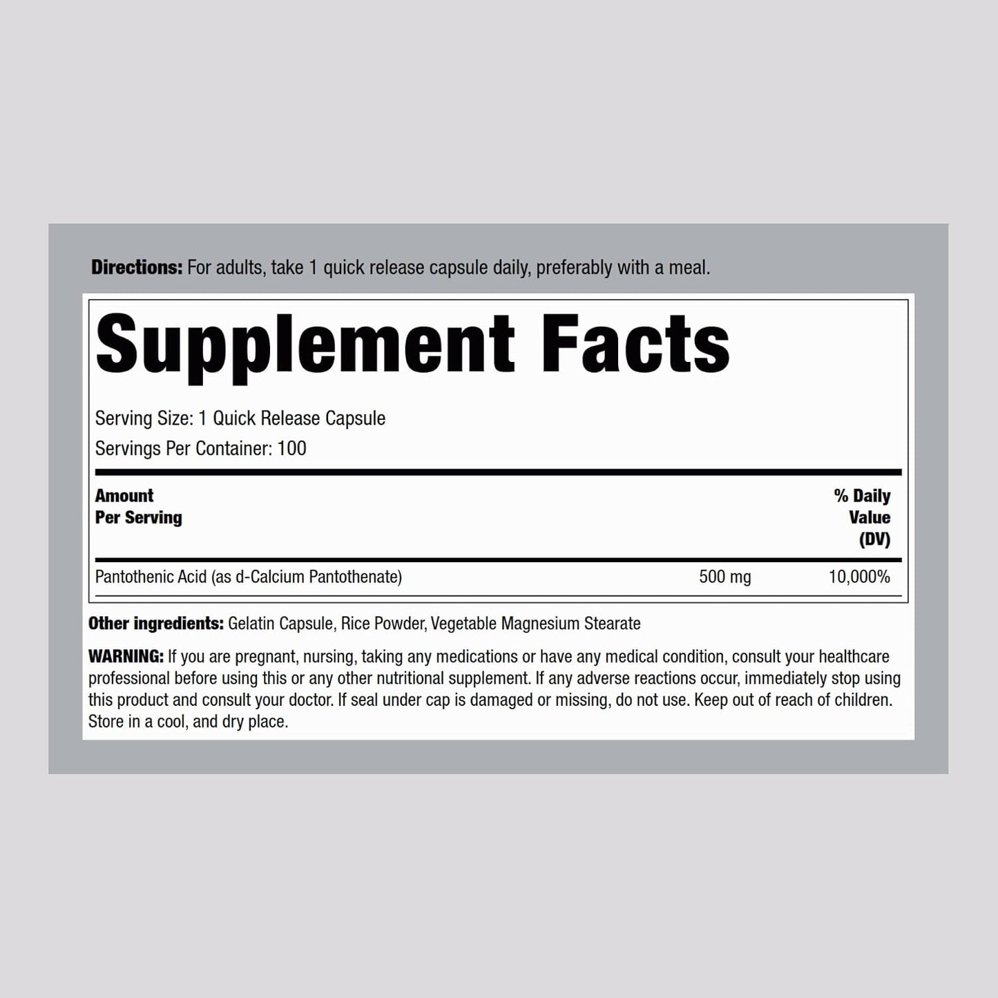 Piping Rock Pantothenic Acid 500mg - 100 Capsules | Vitamin B5 as Calcium d-Pantothenate - görsel 2