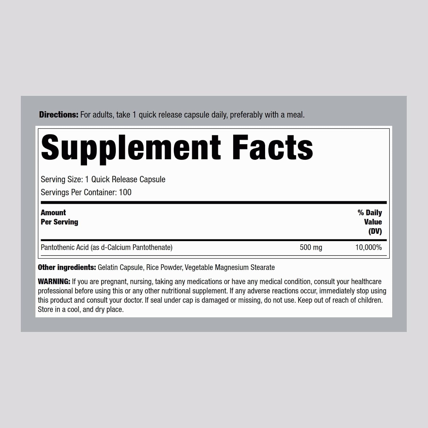 Piping Rock Pantothenic Acid 500mg - 100 Capsules | Vitamin B5 as Calcium d-Pantothenate - görsel 2