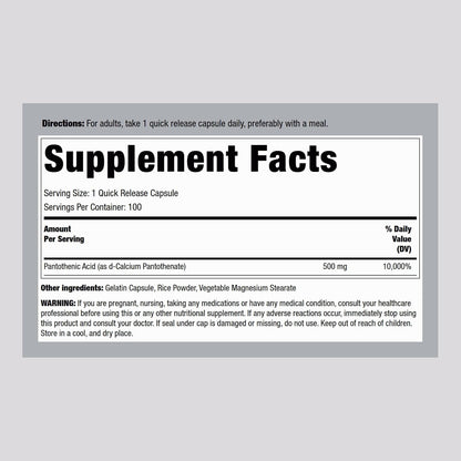 Piping Rock Pantothenic Acid 500mg - 100 Capsules | Vitamin B5 as Calcium d-Pantothenate