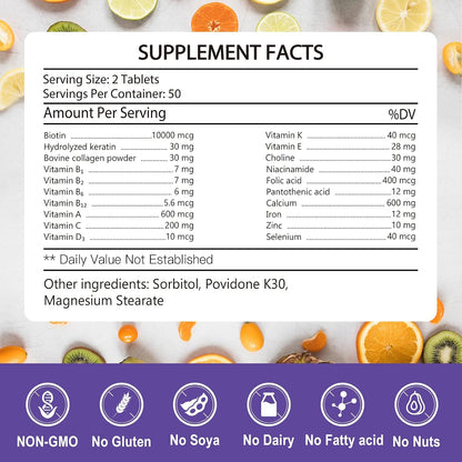 KFG Biotin 10,000 mcg Women's Multivitamin - with Keratin, Collagen, Calcium, Niacinamide & Vitamins A, B, D, C, E - for Hair, Skin, Nail & Bone Health - 100 Tablets