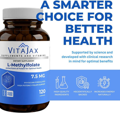 L Methylfolate 7.5 mg | 120 Caps | Max Potency Active Folate | VITAJAX