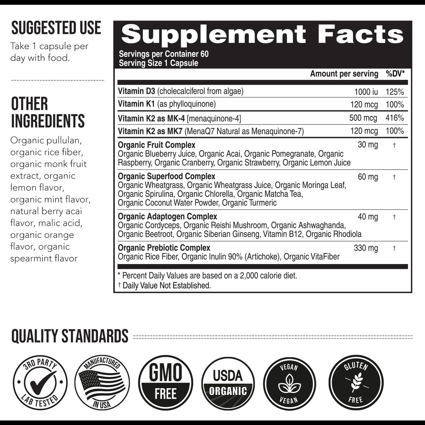 Total K2® | Vitamin K2 as MK7 & MK4 | Plus K1 & Vitamin D3 Cofactor - 620 mcg K2 per Serving - All-Trans MK7 from MenaQ7® - Full-Spectrum Vitamin K - Vegan, Organic Certified (60 Capsules) - görsel 7