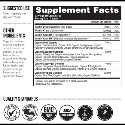 Total K2® | Vitamin K2 as MK7 & MK4 | Plus K1 & Vitamin D3 Cofactor - 620 mcg K2 per Serving - All-Trans MK7 from MenaQ7® - Full-Spectrum Vitamin K - Vegan, Organic Certified (60 Capsules)