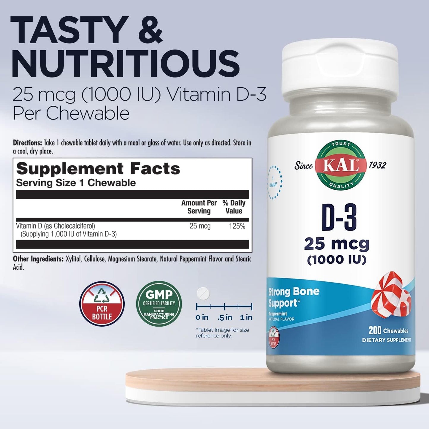 KAL Vitamin D-3 1000 IU Chewable Tablets - Peppermint Flavour - 200 Chews - görsel 3