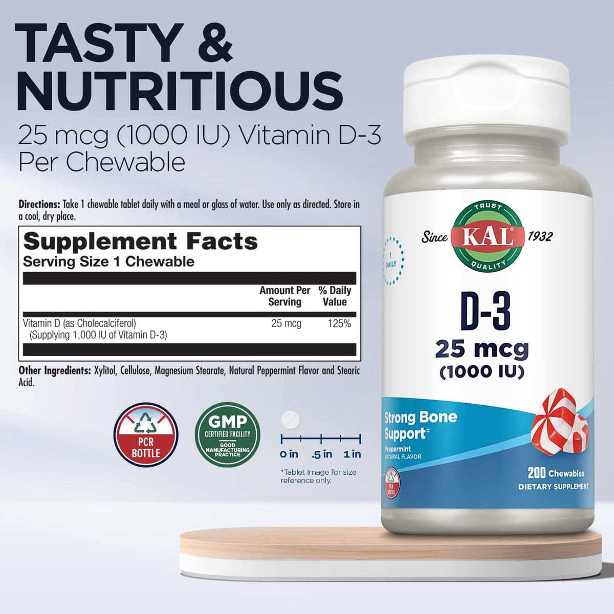 KAL Vitamin D-3 1000 IU Chewable Tablets - Peppermint Flavour - 200 Chews - görsel 3