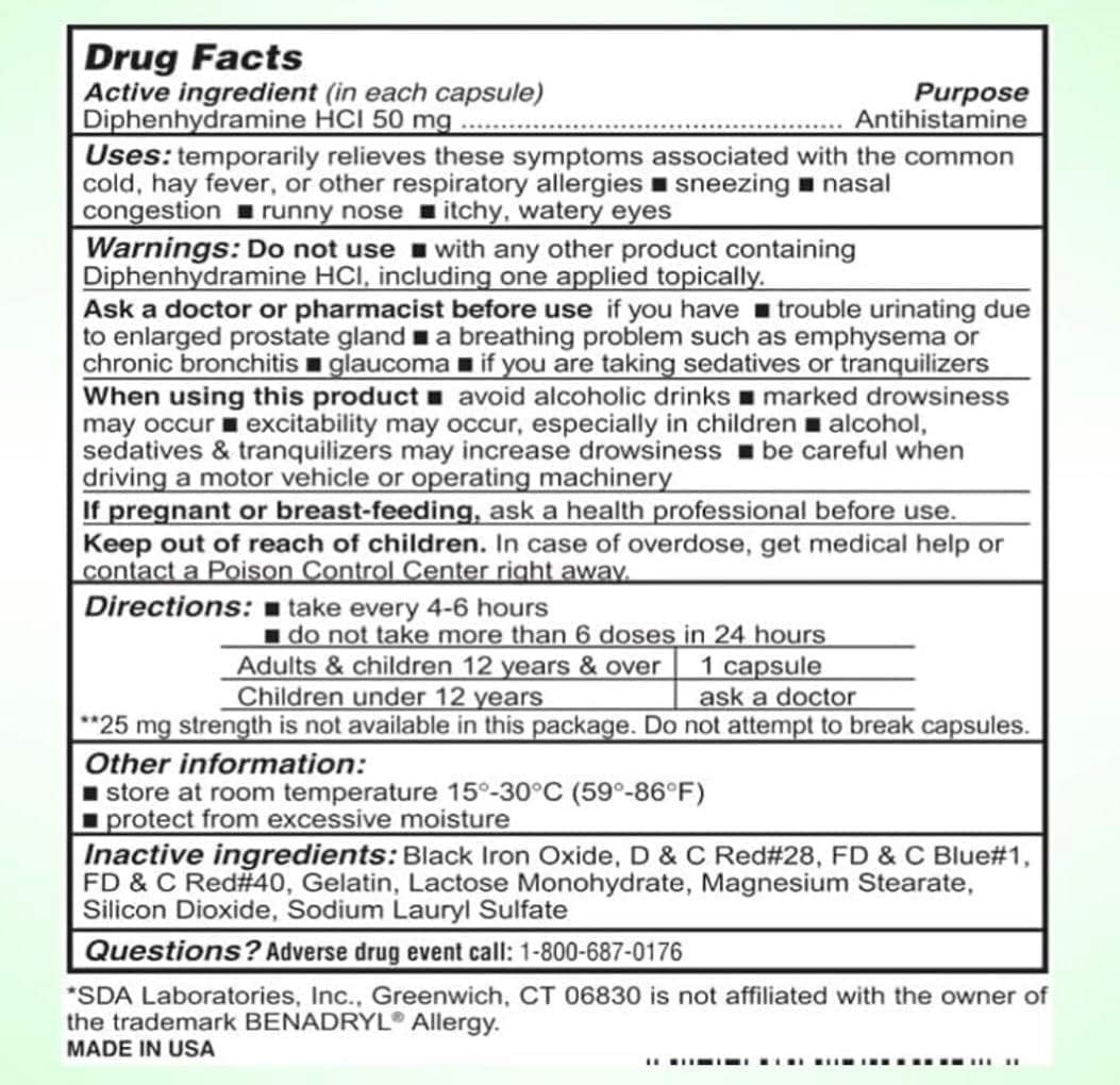 SDA LABORATORIES Diphenhydramine 50mg Allergy Relief - 1000 Capsules - görsel 2