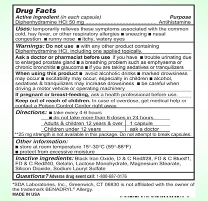 SDA LABORATORIES Diphenhydramine 50mg Allergy Relief - 1000 Capsules