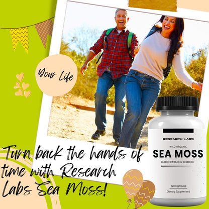 Research Labs Organic Irish Sea Moss Capsules — Raw Wildcrafted Sea Moss with Bladderwrack & Burdock Root, 120 Capsules
