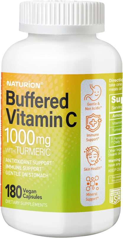 Buffered Vitamin C 1000 mg with Organic Turmeric - Supports Immune Function, Antioxidant, Healthy Skin & Joints - 180 Vegan Capsules
