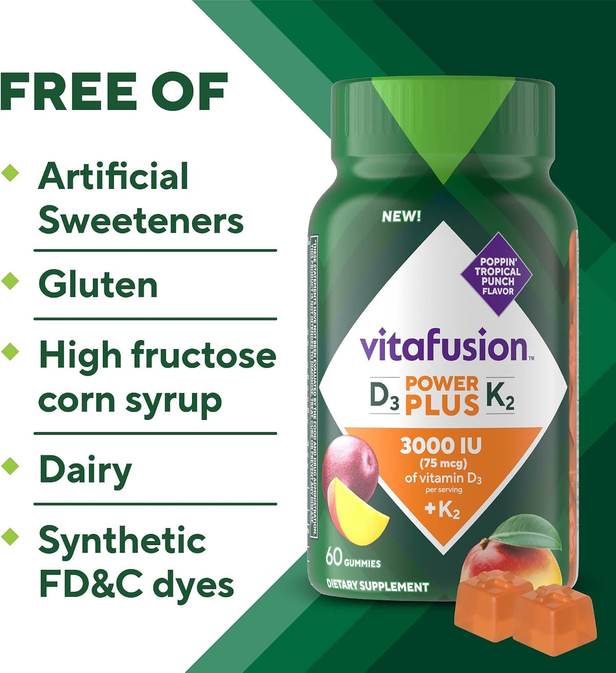 Vitafusion Power Plus Vitamin D3 & K2 Gummies, 3000 IU, Tropical Punch, 60 Gummies - görsel 7