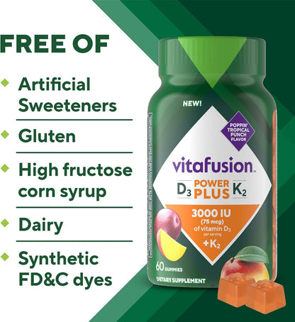 Vitafusion Power Plus Vitamin D3 & K2 Gummies, 3000 IU, Tropical Punch, 60 Gummies