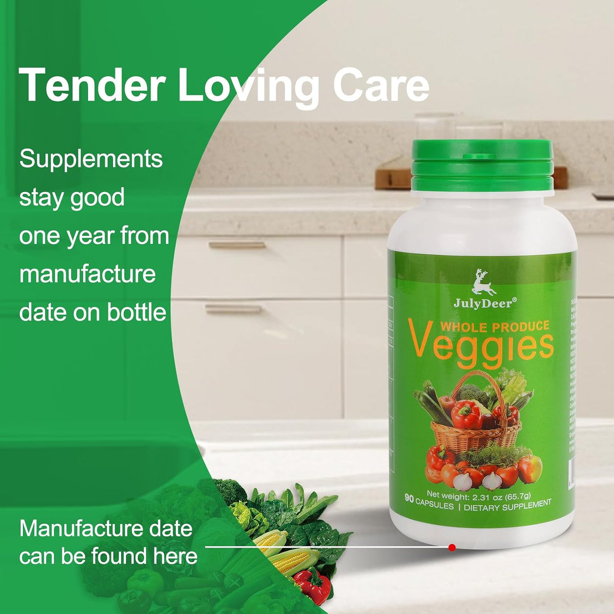 JulyDeer Veggie Supplement - 18 Whole Veggie Blend, 90 Vegetarian Capsules - görsel 3