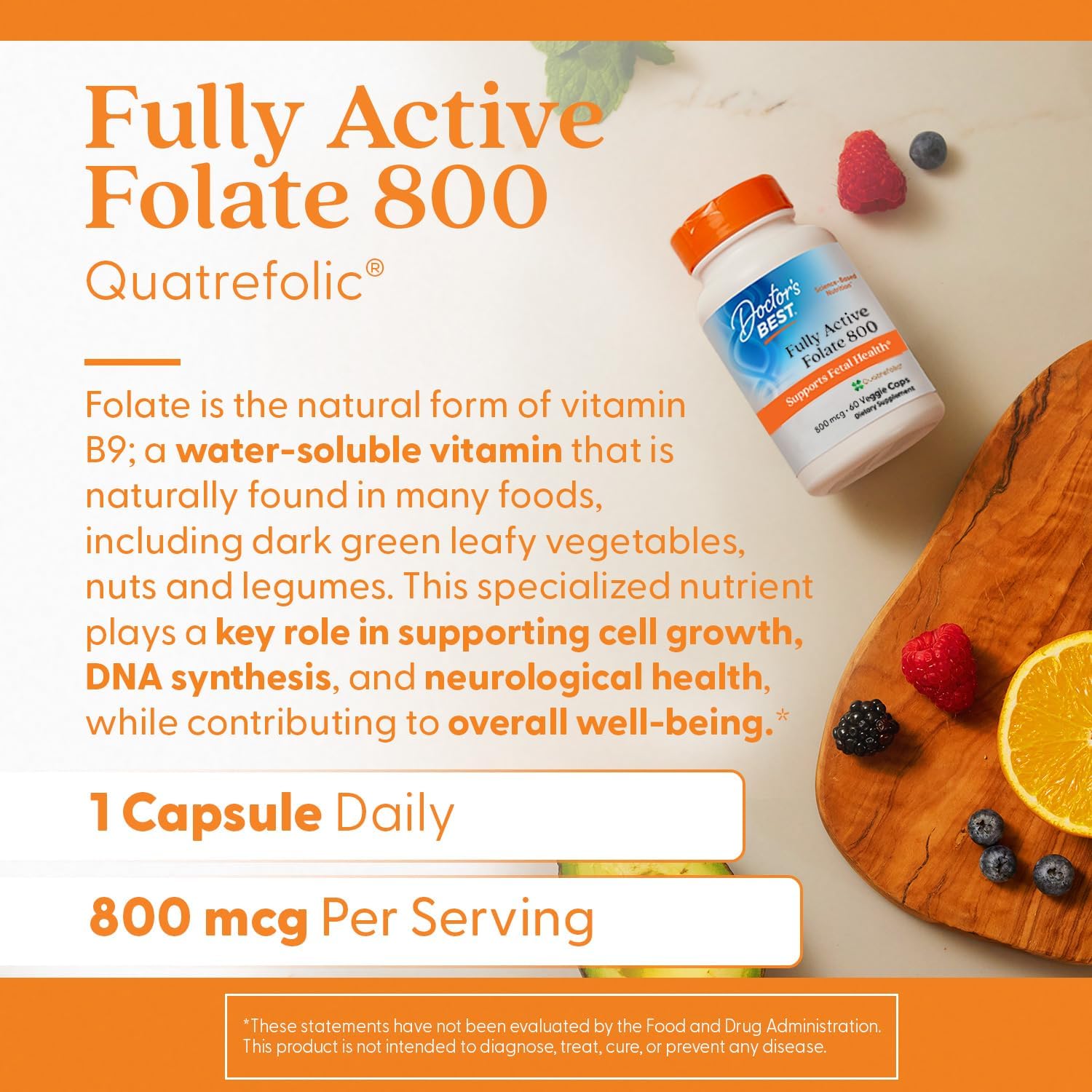 Doctor's Best Folate Supplement 800 mcg – Methylated Folate (5-MTHF) – Fully Active – 60 Vegan Capsules - görsel 5