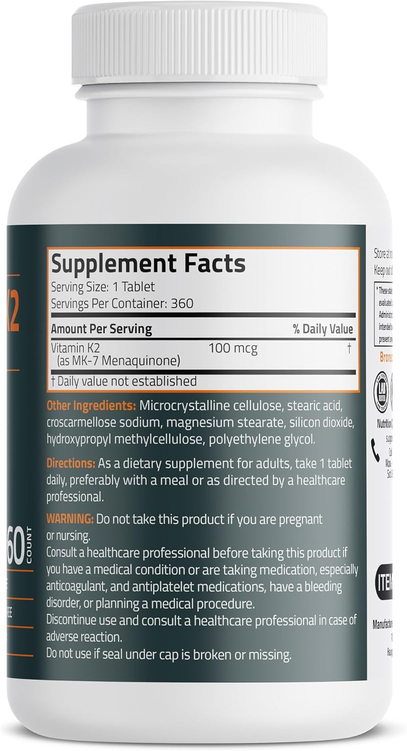 Bronson Vitamin K2 MK-7 100 MCG, K2 as MK7 Menaquinone, Bone Support, 360 Tablets - görsel 2