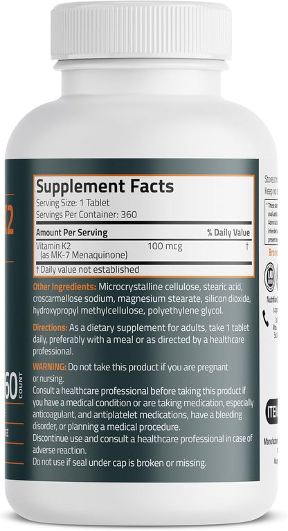 Bronson Vitamin K2 MK-7 100 MCG, K2 as MK7 Menaquinone, Bone Support, 360 Tablets