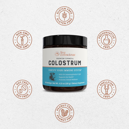Live Conscious Colostrum Powder: Grass-Fed Bovine Colostrum with Lactoferrin for Immune and Gut Support