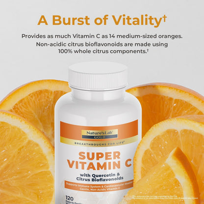Nature's Lab Gold Super Vitamin C 1000 mg – Non-Acidic, with Bioflavonoids & Quercetin – 120 Capsules