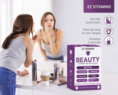 EZ VITAMINS Oral Strips for Hair, Skin and Nails – Fast-Dissolving Biotin, Vitamin E, Collagen and Folate – Strawberry Flavour, 30 Strips