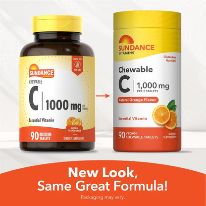 Sundance Chewable Vitamin C 1000mg | 90 Tablets | Natural Orange Flavour | Vegan, Non-GM & Gluten-free Supplement