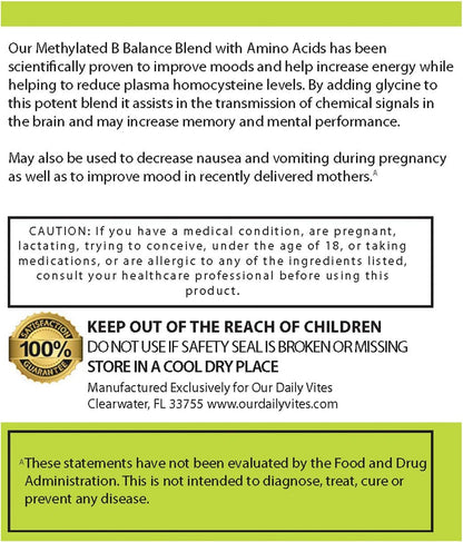 Our Daily Vites L-Methylfolate 15 mg B Complex Balance – Methylated B12, B9, B6, B2 with Glycine, 60 Capsules