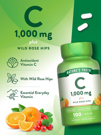 Nature's Truth Vitamin C 1000 mg with Rose Hips, 110 Caplets - Vegan, Non-GMO, Gluten-Free