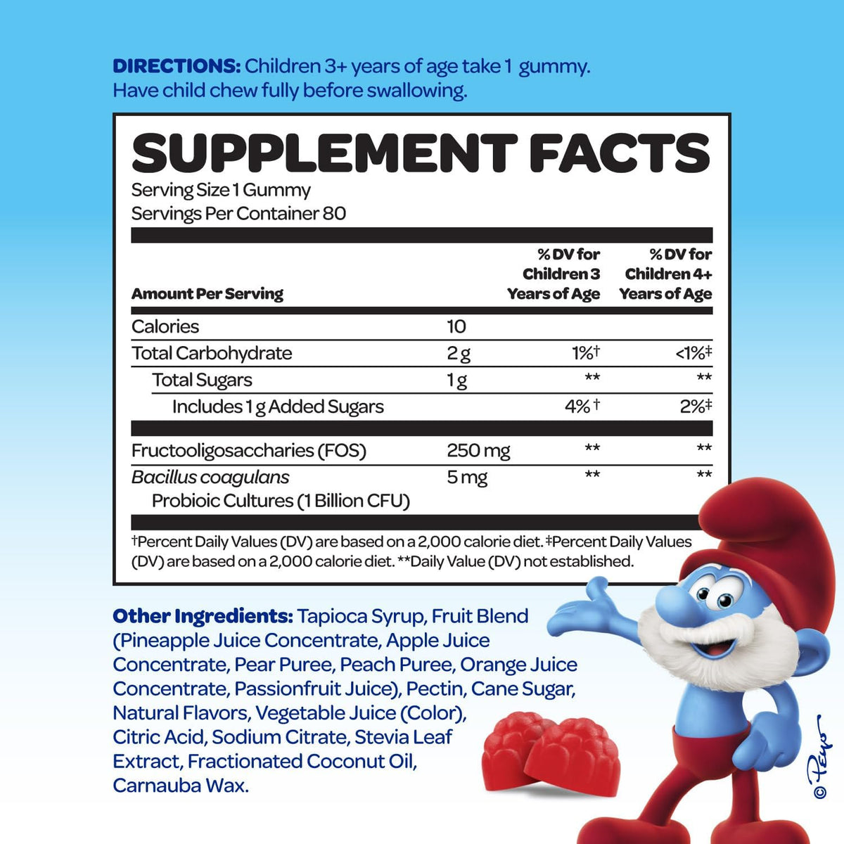 The Smurfs Kids Probiotic Gummies - 1 Billion CFU Probiotics & Prebiotics for Digestive & Immune Support, Ages 3+, Made with Real Fruit, 80 Count - görsel 2