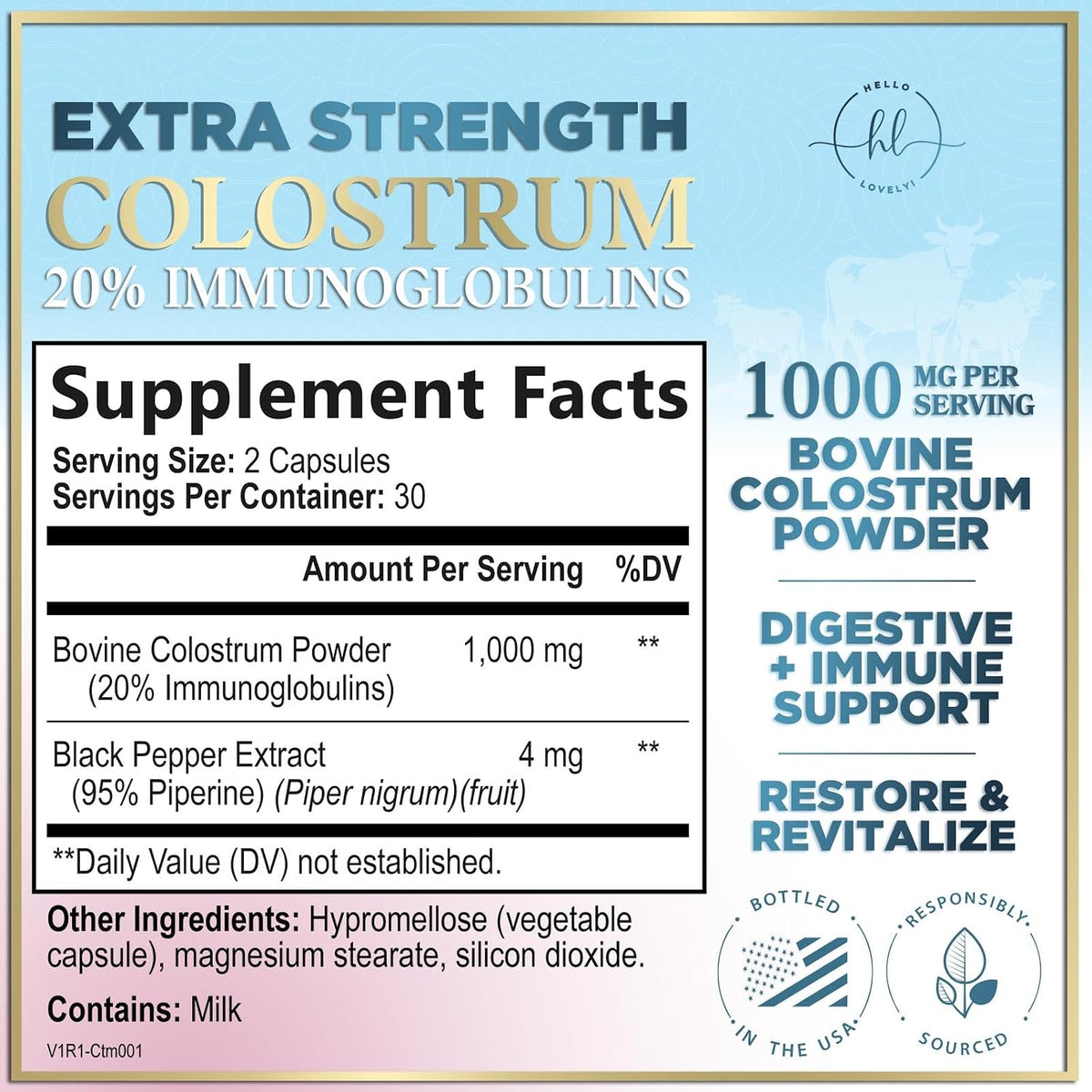 Hello Lovely! Bovine Colostrum Supplement - 1000mg, 20% Immunoglobulins - 60 Capsules - görsel 2